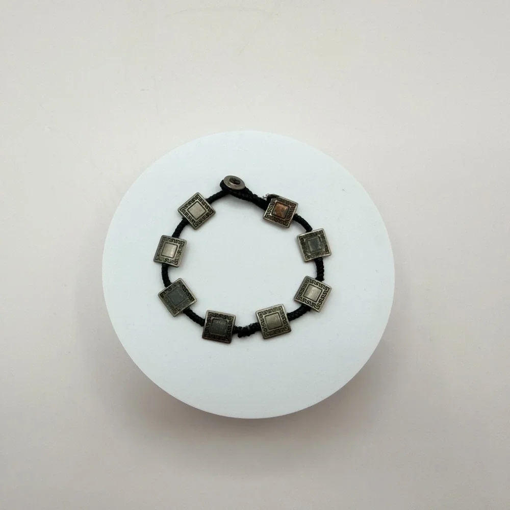 VTG Y2K Silver Tone Square Greek Key‎ Panel Bracelet Black Cord Women's Jewelry